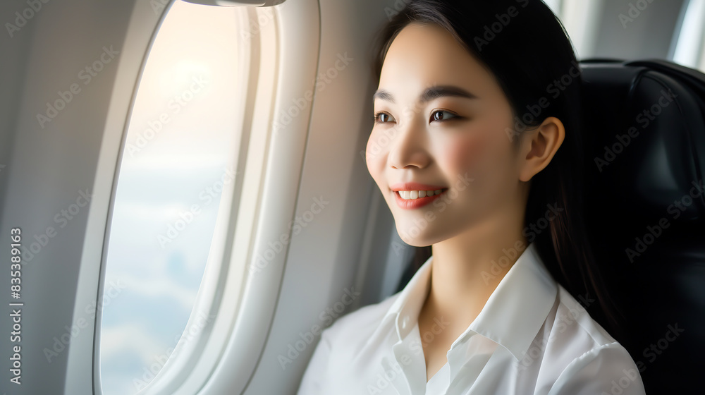 Asian businesswoman open the window of the plane to see the view outside from seat. Smile and enjoy the journey