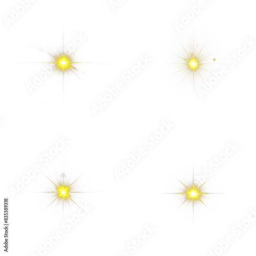 Glowing yellow star set. lens flare, light flare. Bright light leak. Isolated transparent background PNG. Laser flash glow.
