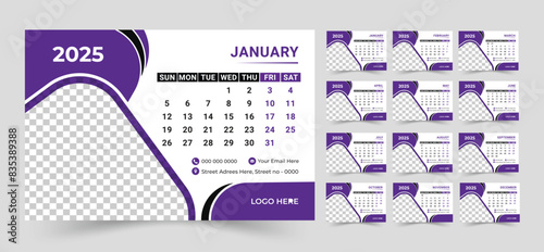 2025 Calendar set of 12 Pages Monthly Calendar Planner Templates design. Vector mockup of a desk calendar with the week start on Sunday for print. Pages size  8.5 in x 5.5 in.
