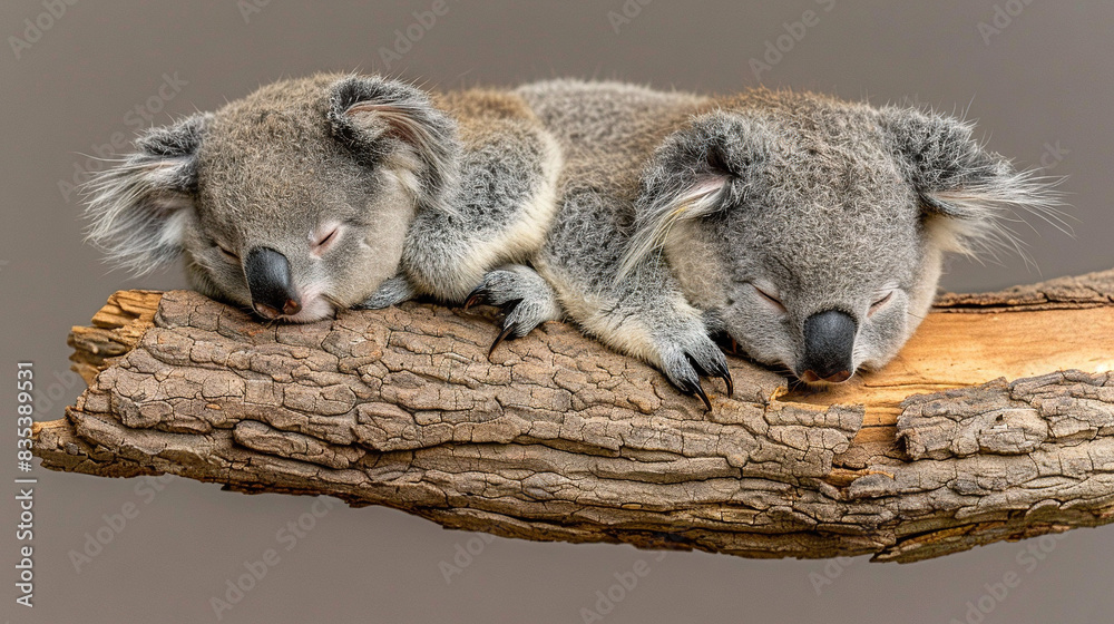 Obraz premium Two koalas are peacefully napping together on a branch, with their eyes shut and their heads leaning on each other
