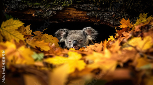   A koala emerges from an autumn leaf pile, captivating all who see it - undoubtedly the world's loveliest creature photo
