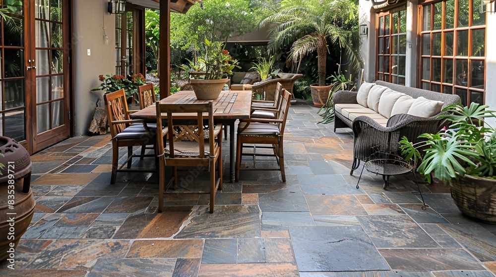 Slate Tile Patio: tiles in earthly tones, rustic, natural look. Furnished with wooden dining furniture Slate Tile Patio: tiles in earthly tones, rustic, natural look. Furnished with wooden dining furniture