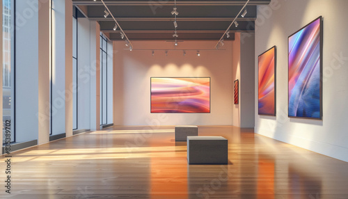 Dynamic Avant Art Gallery mockup showcasing modern lenticular art in a sleek, minimalist setting, emphasizing motion and visual transformation, photo