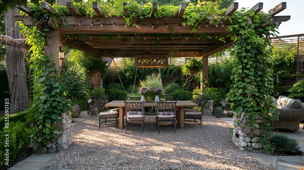 Gravel Patio with Pergola, wooden pergola draped with climbing plants, rustic dining table and cushioned chairs Gravel Patio with Pergola, wooden pergola draped with climbing plants, rustic dining table and cushioned chairs