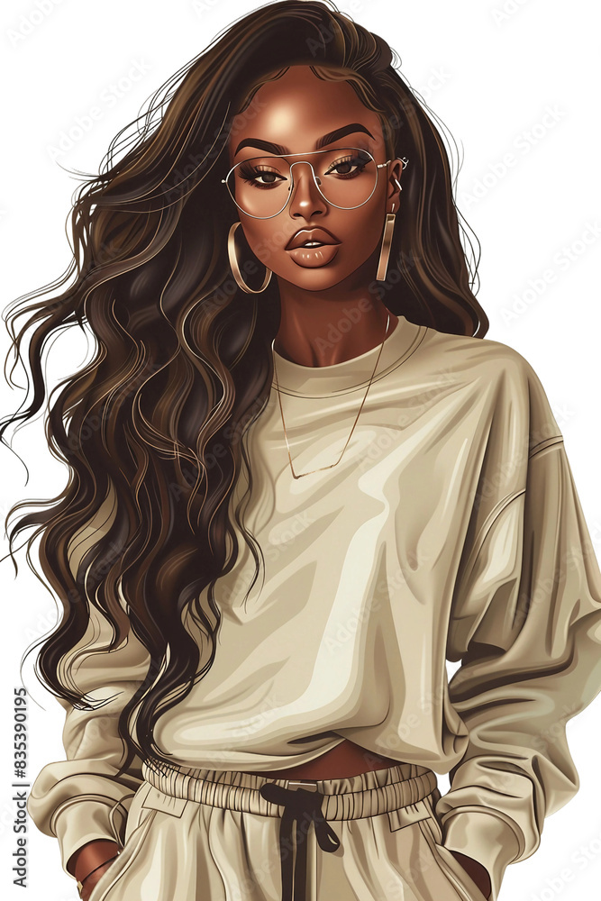 Naklejka premium African American beautiful fashion girl in modern trendy fashionable clothes in beige aesthetic, 