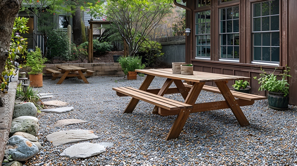 Rustic Pea Gravel Patio, relaxed, rustic feel, wooden picnic table and benches, wooden house with glass windows Rustic Pea Gravel Patio, relaxed, rustic feel, wooden picnic table and benches, wooden house with glass windows