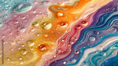 colorful oil droplets floating on water, creating intricate patterns.