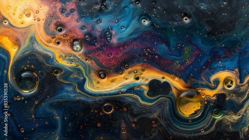 colorful oil droplets floating on water, creating intricate patterns.