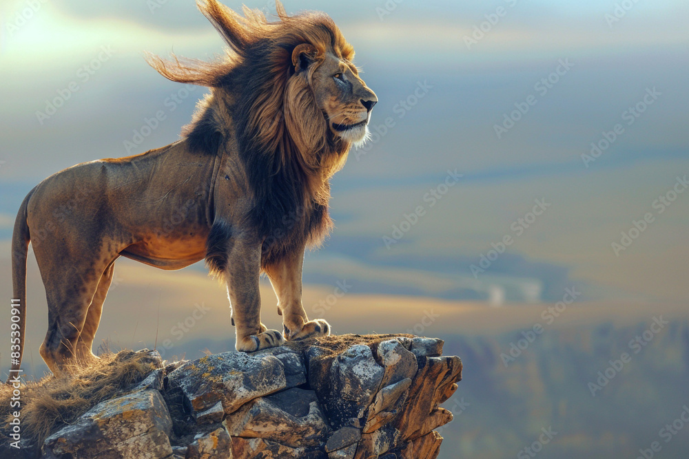 The Lion of Judah standing on a cliff edge, wind blowing through its mane, looking down at a valley below The Lion of Judah standing on a cliff edge, wind blowing through its mane, looking down at a valley below