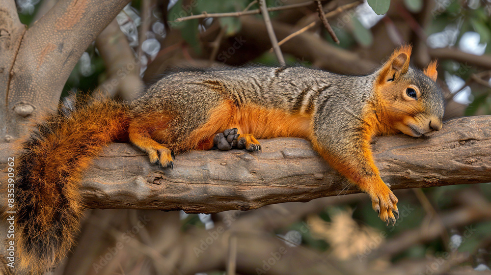 A squirrel rests its head on its back with paws on a tree branch A squirrel rests its head on its back with paws on a tree branch