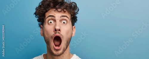 Shocked man with wide open eyes on blue backdrop photo