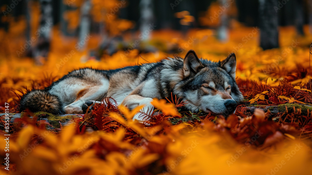   A wolf lounges amidst golden and scarlet foliage, head reclining on the earth