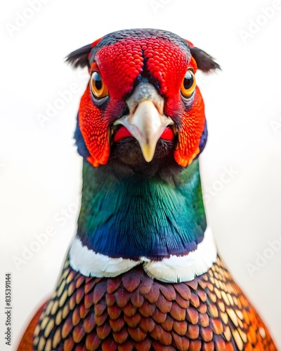 Common Pheasant Head, Vivid Iridescent Feather, Close Up Front View Perspective, Wildlife Bird Photography, on Isolated White Background