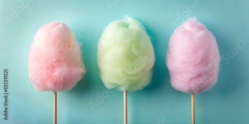 three pastel-coloured cotton candies on a blue background