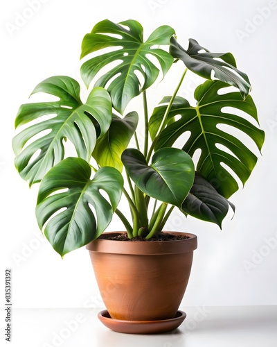 Lush Monstera Deliciosa: Vibrant Green Foliage in Terracotta Pot as Indoor Botanical Deco