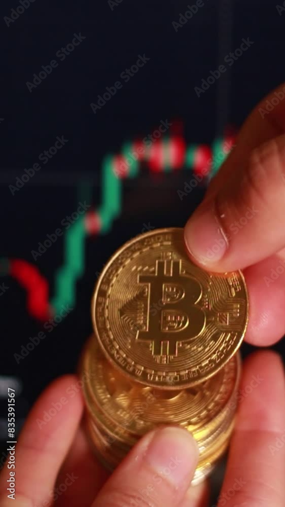 Video of a physical bitcoin gold coin with background graph. Concept of digital money trading.