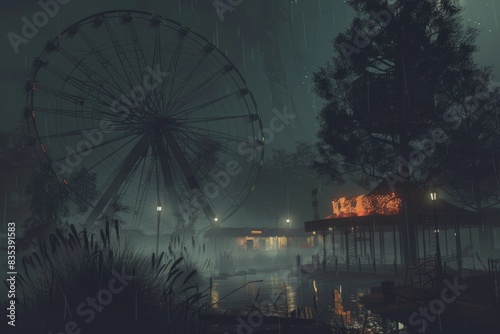 Haunting Abandoned Amusement Park at Dusk with Rusted Ferris Wheel Turning Slowly in the Wind