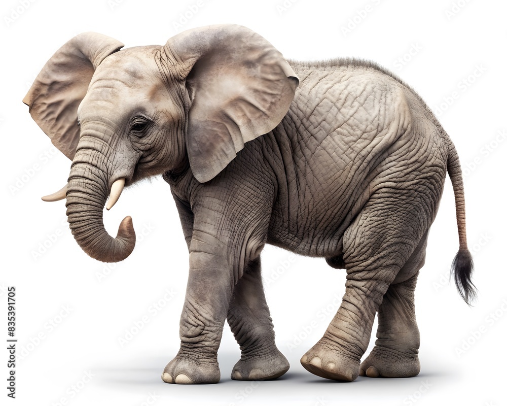 Obraz premium African Elephant Calf Walking, Side View on White Background, Wildlife Portrait, on White Background