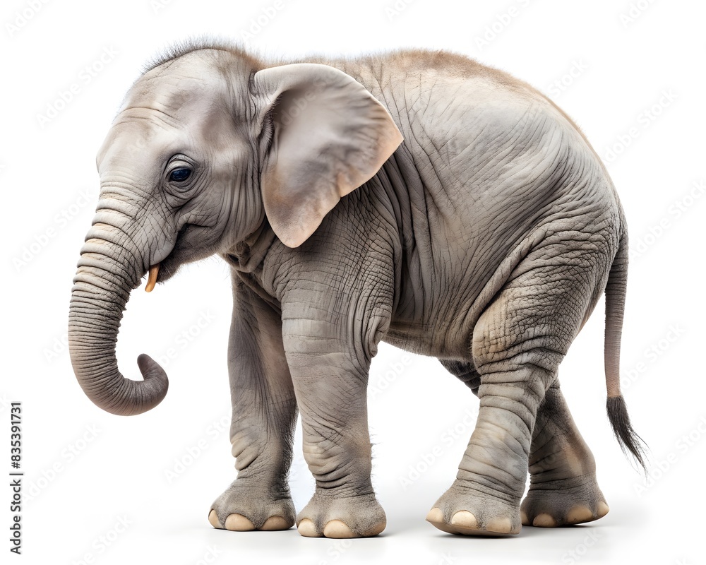 Obraz premium African Elephant Calf, Side View on White Background, Wildlife Portrait, on White Background