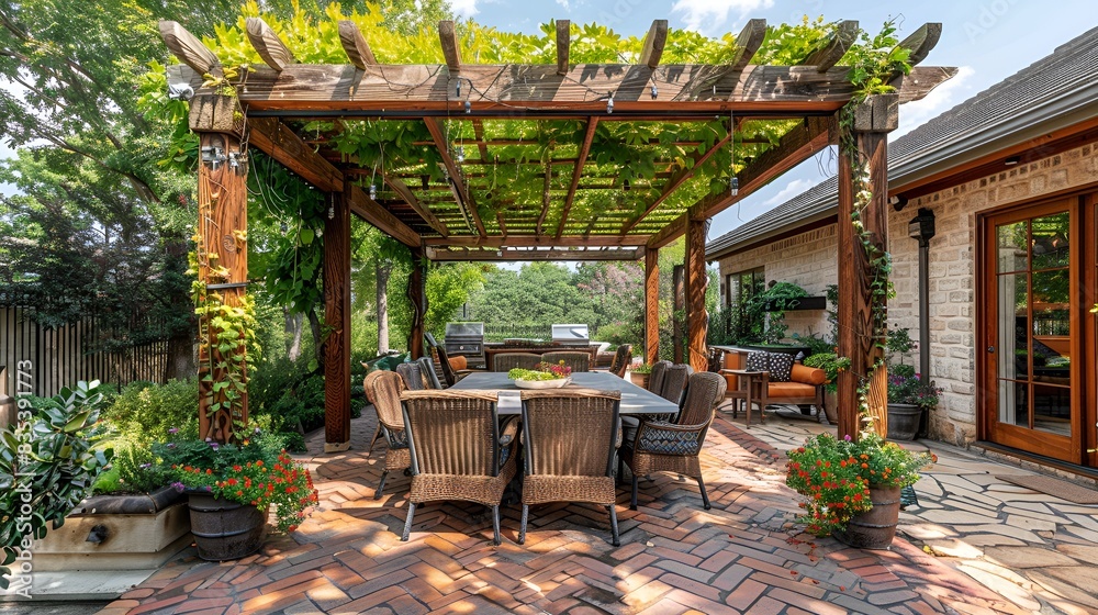 Paver Patio with Pergola, wooden pergola, pavers are laid in a herringbone pattern, large dining table and cushioned chairs, offering a shaded dining area Paver Patio with Pergola, wooden pergola, pavers are laid in a herringbone pattern, large dining table and cushioned chairs, offering a shaded dining area