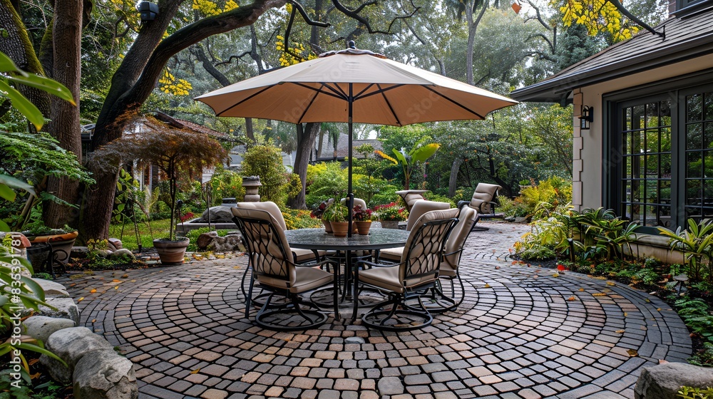 Obraz premium Circular Paver Patio in garden, round dining table, an umbrella and matching chairs, 