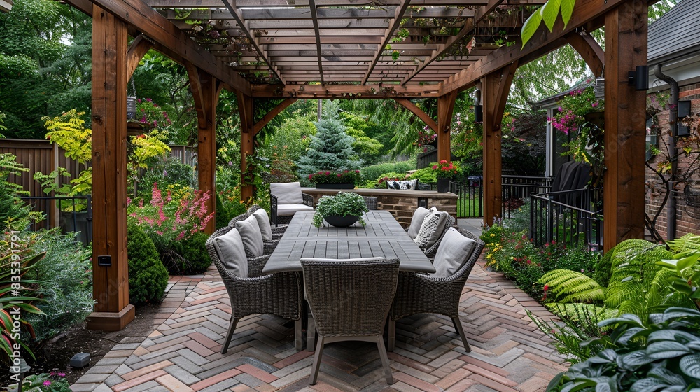 Paver Patio with Pergola, wooden pergola, pavers are laid in a herringbone pattern, large dining table and cushioned chairs, offering a shaded dining area Paver Patio with Pergola, wooden pergola, pavers are laid in a herringbone pattern, large dining table and cushioned chairs, offering a shaded dining area