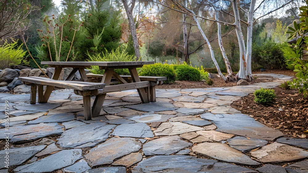 Flagstone-inspired paver Patio, rustic appearance, wooden picnic table and benches, garden Flagstone-inspired paver Patio, rustic appearance, wooden picnic table and benches, garden