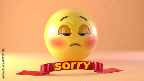 Create a 3D luxury yellow emoji with a regretful look. Below it, a red ribbon banner that says 