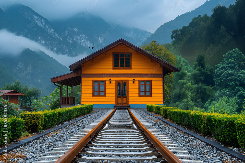 Charming Yellow House at the End of Railway Tracks in Mountainous Landscape Charming Yellow House at the End of Railway Tracks in Mountainous Landscape