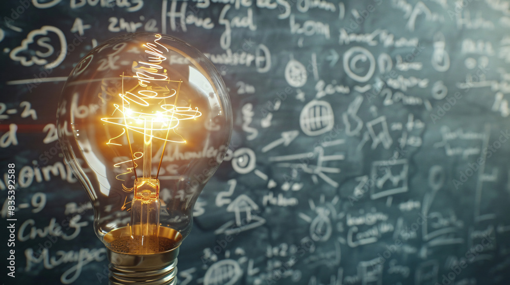Glowing light bulb symbolizes a bright idea amid complex mathematical formulas written on a chalkboard Glowing light bulb symbolizes a bright idea amid complex mathematical formulas written on a chalkboard