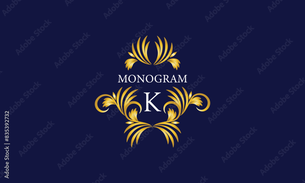 Luxury emblem monogram logo with initial letter K. Ornate gold frame illustration. Invitation, wedding, label, restaurant, heraldry Luxury emblem monogram logo with initial letter K. Ornate gold frame illustration. Invitation, wedding, label, restaurant, heraldry