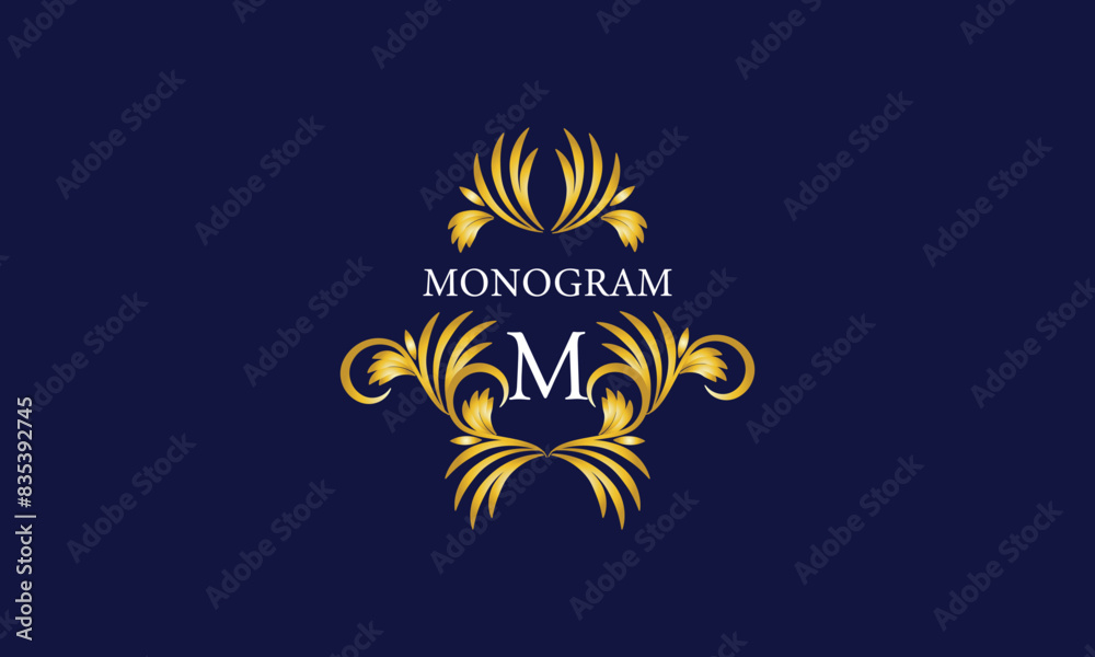 Luxury emblem monogram logo with initial letter M. Ornate gold frame illustration. Invitation, wedding, label, restaurant, heraldry Luxury emblem monogram logo with initial letter M. Ornate gold frame illustration. Invitation, wedding, label, restaurant, heraldry