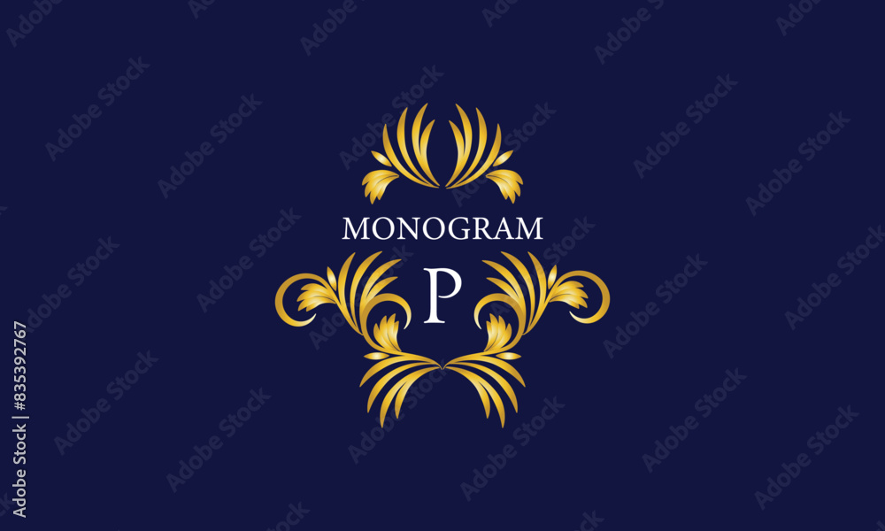 Luxury emblem monogram logo with initial letter P. Ornate gold frame illustration. Invitation, wedding, label, restaurant, heraldry Luxury emblem monogram logo with initial letter P. Ornate gold frame illustration. Invitation, wedding, label, restaurant, heraldry