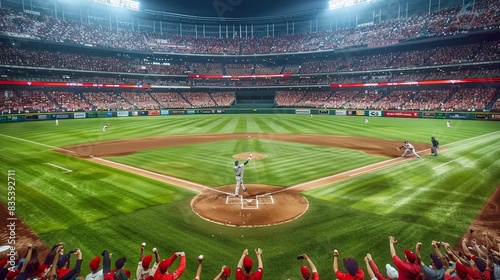 The baseball field with a shortstop catching a low ground ball, the stadium full of cheering fans photo