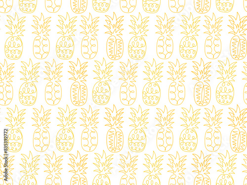 Abstract outline yellow Pineapple seamless pattern. Exotic fruit in doodle style. Summer funny background. Pattern with ananas for cover, wallpaper, packaging, print