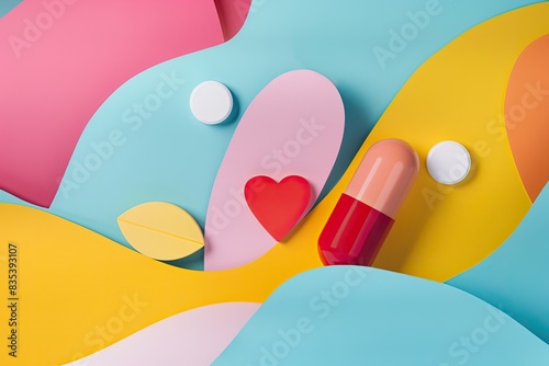 Minimalist icons like pills and hearts in abstract form, on a clean background photo