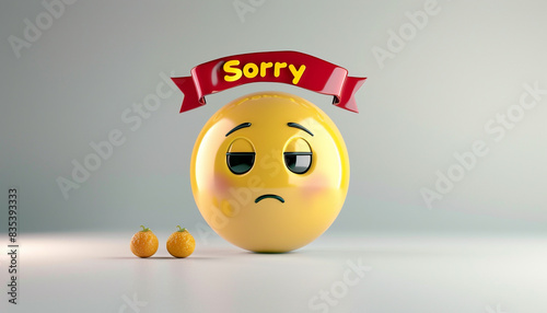 Design a 3D luxury yellow emoji with a contrite look, topped by a red ribbon banner with "Sorry" in yellow on a light grey background.