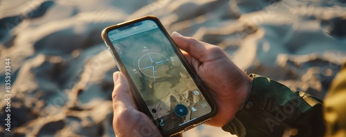 Smartphone compass app in desert landscape