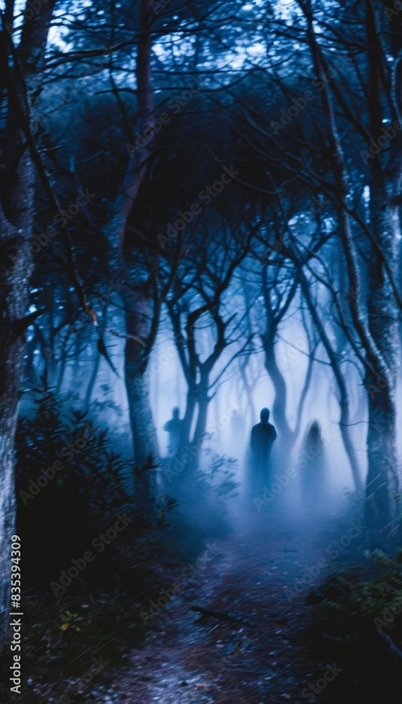 Fototapeta premium Haunted Forest Path at Night with Ghostly Figures - Perfect for Halloween Posters and Spooky Decorations