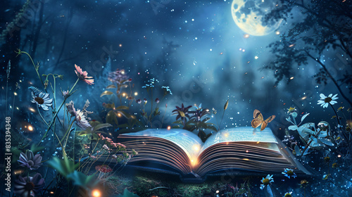 Open book radiates magic amidst a mystical forest and moonlit night