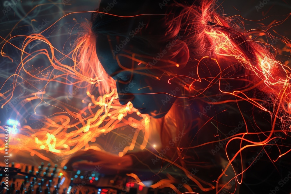 Female DJ Surrounded by Vibrant Neon Lights Female DJ Surrounded by Vibrant Neon Lights