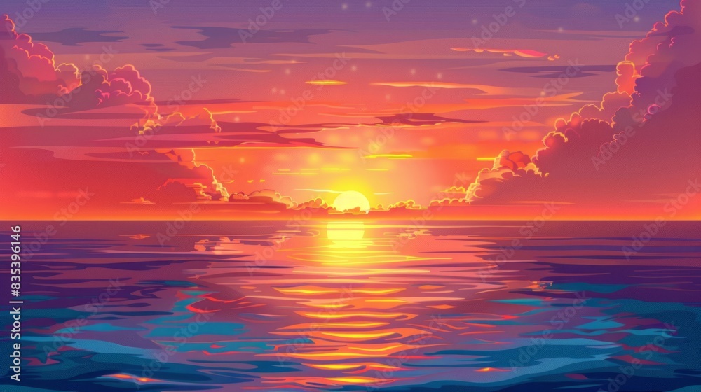 Fototapeta premium Beautiful sunset over the sea. Vector illustration in cartoon style