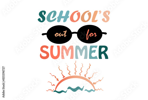  'school out for summer'  summer holliday design background template in  orange-teal colors with sunset sunglasses and seawaves .free copy space . photo