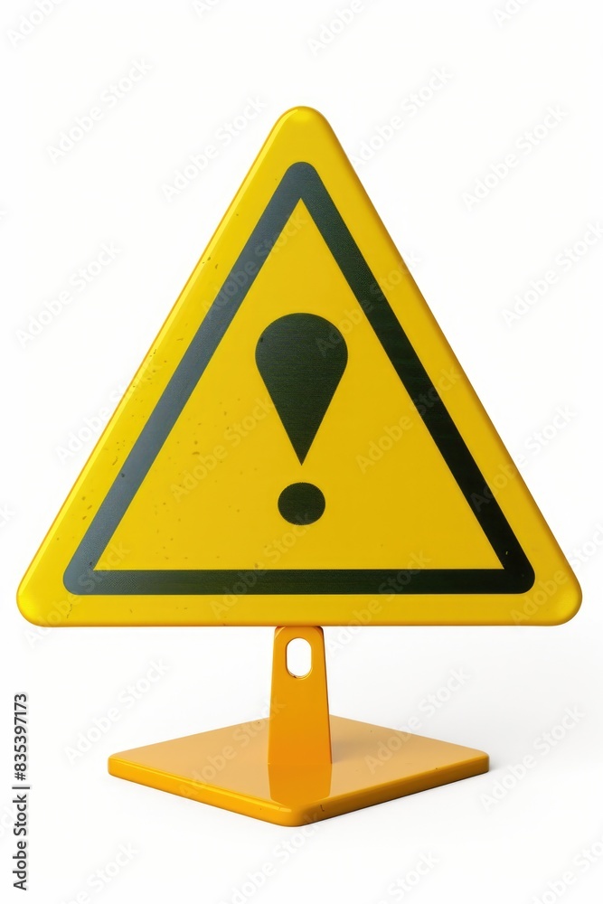 A bright yellow triangular sign with a black exclamation mark, used for caution or warning A bright yellow triangular sign with a black exclamation mark, used for caution or warning