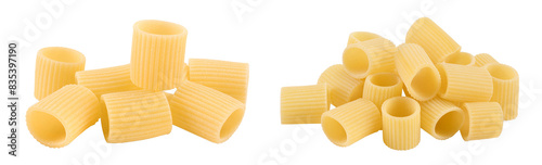 raw italian pasta in wooden bowl isolated on white background. Mezze Maniche Rigate Bronze die