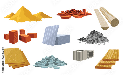Building materials for construction sites or renovation works. Bricks, planks, metal, sand and stone vector set.