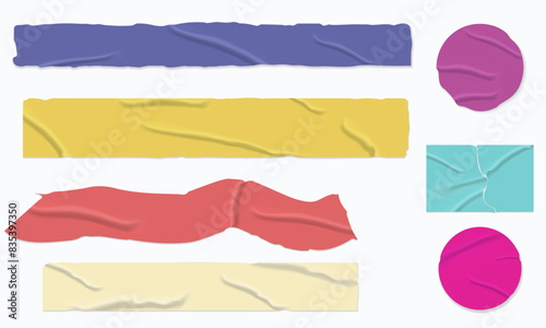 A set of sticky tape glued with wrinkles, folds of different shapes. Multicolored crumpled paper templates. Isolated on a white background. Vector illustration.