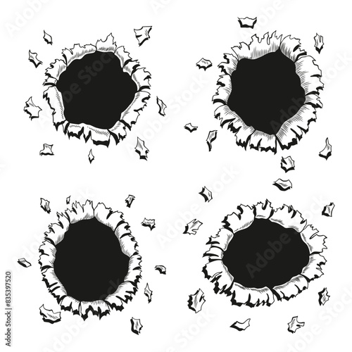 Set of comic book holes in coloring style. Vector paper is torn through boom explosion. Circle holes in the middle on color backgrounds. Comics style cover template or flyer wallpapers