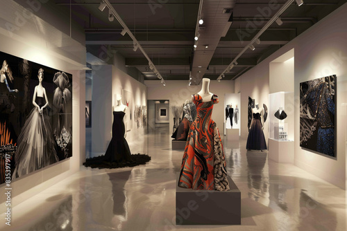 Sophisticated Avant Art Gallery layout displaying modern wearable art in a sleek, fashion-forward setting, merging haute couture and artistic innovation, photo