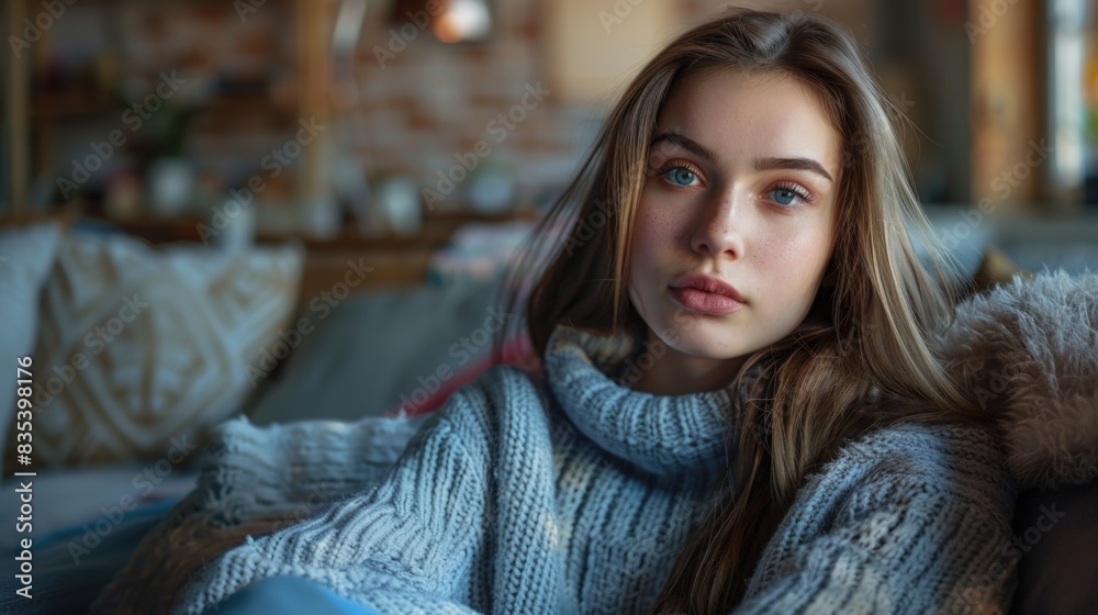 A woman sits on a couch suitable for various contexts such as home, comfort, and relaxation A woman sits on a couch suitable for various contexts such as home, comfort, and relaxation